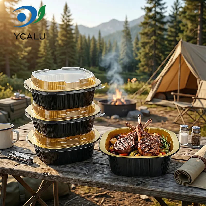 صندوق مربع بكلتا الأذنين للاستعمال مرة واحدة، حاويات من رقائق الألومنيوم باللون الأسود