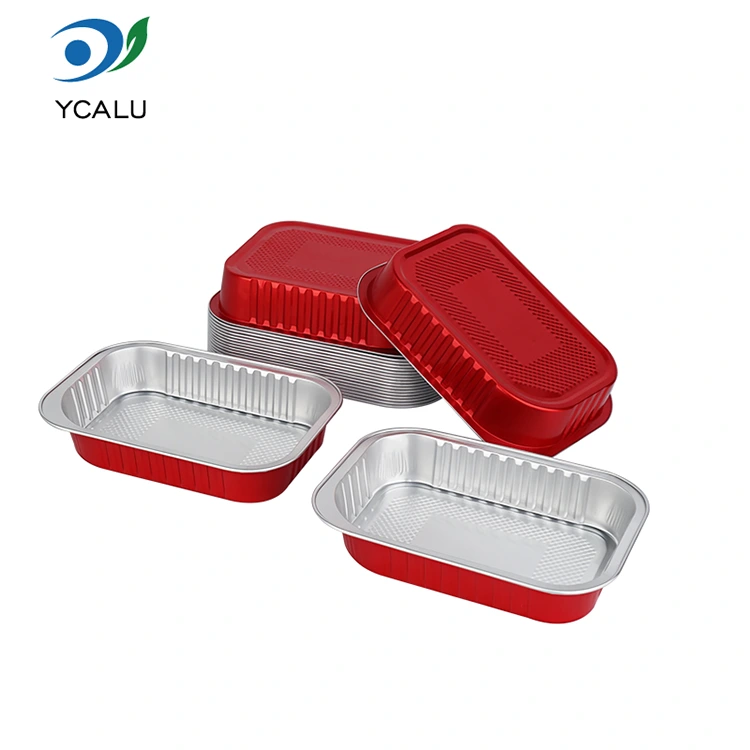 حاويات رقائق الألومنيوم ذات اللون الأحمر المربعة لتقديم الطعام للاستعمال مرة واحدة