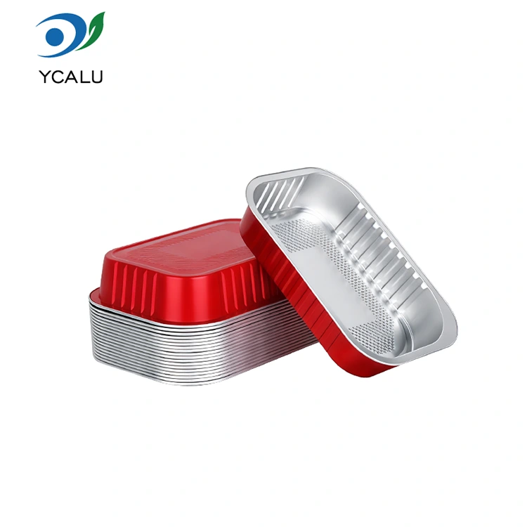 حاويات رقائق الألومنيوم ذات اللون الأحمر المربعة لتقديم الطعام للاستعمال مرة واحدة