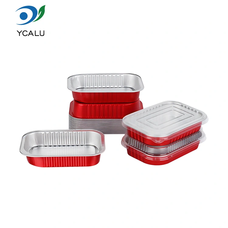 حاويات رقائق الألومنيوم ذات اللون الأحمر المربعة لتقديم الطعام للاستعمال مرة واحدة