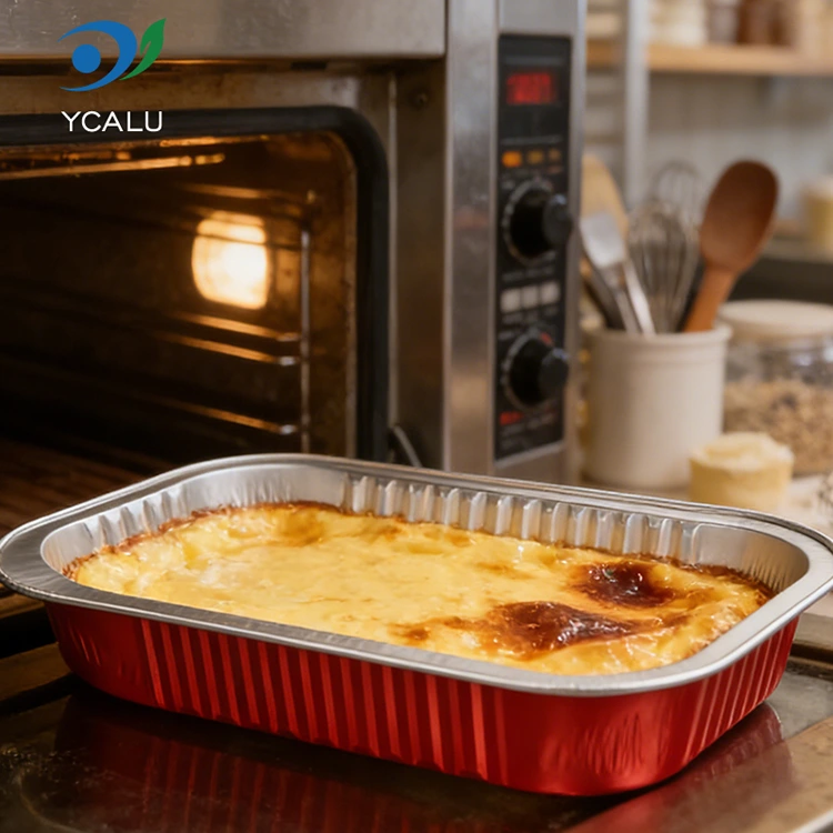 حاويات رقائق الألومنيوم ذات اللون الأحمر المربعة لتقديم الطعام للاستعمال مرة واحدة