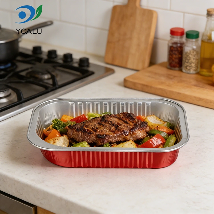 حاويات رقائق الألومنيوم ذات اللون الأحمر المربعة لتقديم الطعام للاستعمال مرة واحدة