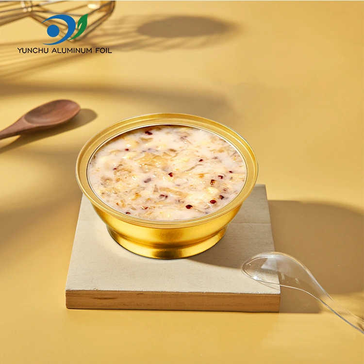 علبة مستديرة للوجبات الجاهزة يمكن التخلص منها، وعاء ذهبي صغير، حاويات من رقائق الألومنيوم