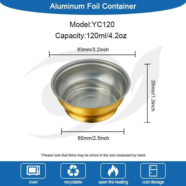 علبة مستديرة للوجبات الجاهزة يمكن التخلص منها، وعاء ذهبي صغير، حاويات من رقائق الألومنيوم