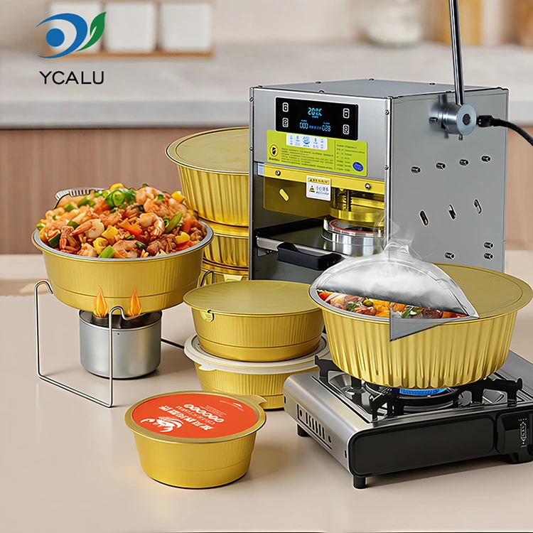 ماكينة إغلاق حراري يدوية بحاويات رقائق الألومنيوم الذهبية